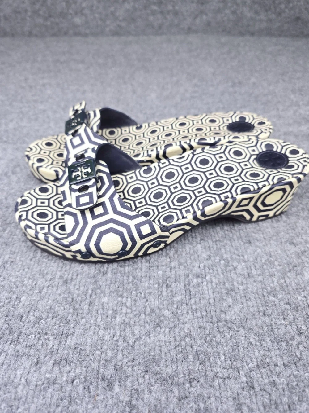 Tory Burch Noah Navy Blue Geometric Leather Slide Sandals Size 9